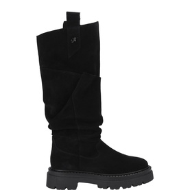 Steve Madden black suede knee-high chunky platform boots with ruched shaft detail and lug sole