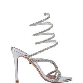 Kurt Geiger London silver heeled sandal with crystal-embellished wraparound ankle strap and stiletto heel