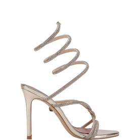 Champagne gold stiletto sandal with crystal-embellished spiral ankle wrap strap and strappy toe, slim heel