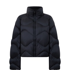 Lululemon black puffer jacket with chevron quilting, high neck, zip fastening, and cropped silhouette