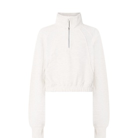 Lululemon cropped half-zip jacket in Heathered Light Ivory with ribbed cuffs, elasticated hem and funnel neck