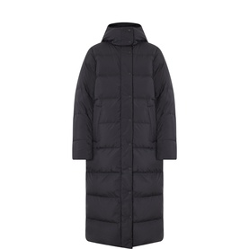 Lululemon black longline quilted puffer jacket with hood and front patch pockets, maxi length