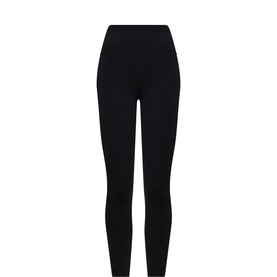 Lululemon black high-waisted leggings with wide waistband, smooth fabric and slim ankle-length fit