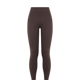 Lululemon leggings in Mahogany Muse, high-waisted with a wide waistband and cropped 7/8 length, flatlay view