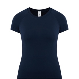 Lululemon True Navy seamless short-sleeve crew-neck top, slim fit with raglan sleeves, shown as a flat product shot