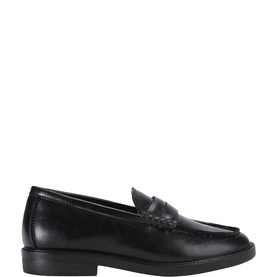 Steve Madden black leather penny loafer with moc-toe stitching and low block heel, side profile view