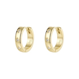 Mettle & Bloom gold hoop huggie earrings with flush-set clear crystal embellishments, yellow gold tone finish