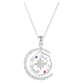 Mettle & Bloom silver necklace with crescent moon pendant, star and multicolour crystal embellishments on fine ball chain