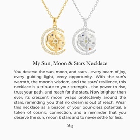 Mettle & Bloom My Sun, Moon & Stars Necklace in silver, shown in two pendant styles: crescent moon and star disc designs on delicate chains.