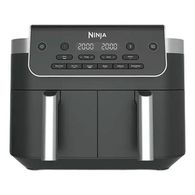Ninja dual-zone air fryer in dark grey with digital display panel, two pull-out drawers, and silver trim accents