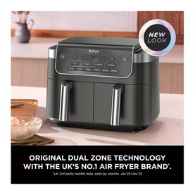 Ninja Dual Zone air fryer in dark grey with two pull-out drawers, digital control panel, and New Look badge, shown on kitchen counter