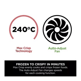 Infographic showing 240&deg;C Max Crisp Technology and Auto-Adjust Fan icons with text: Frozen to Crispy in Minutes.