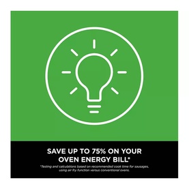 Green graphic with lightbulb icon and text: Save up to 75% on your oven energy bill with air fry function versus conventional ovens.