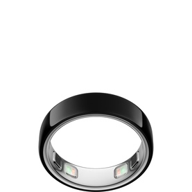 Oura Ring in black with silver inner band, featuring visible multicolour health-tracking sensors on interior surface