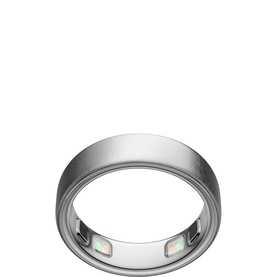 Oura Ring 5 in Brushed Silver, wide band with sensor nodes visible on interior