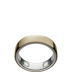 Oura Ring 5 Gold smart ring in gold tone with silver inner band and visible sensor lights on interior