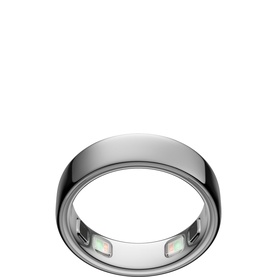 Oura Ring in silver-tone finish with visible multicolour health-tracking sensors on inner band, smooth domed exterior