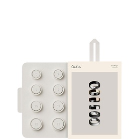 Oura Ring 5 Sizing Kit with sizing disc tray and illustrated ring guide card showing multiple sizes