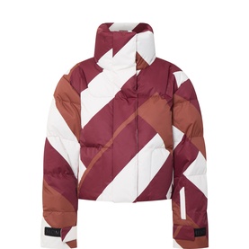Perfect Moment maxi chevron wine cropped puffer jacket with bold diagonal stripe pattern in burgundy, rust and white, high collar