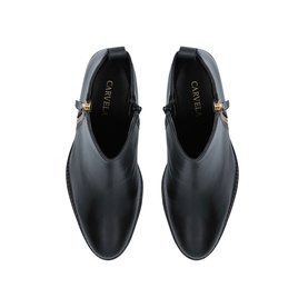 Carvela black leather ankle boots, top-down view showing pointed toe, elasticated side panel and gold-tone buckle detail