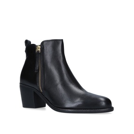 Carvela black leather ankle boot with gold side zip detail and block heel, flat white sole.
