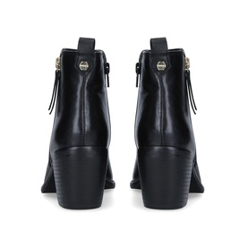 Carvela black leather ankle boots, rear view showing block heel, back zip fastening with gold-tone hardware and tassel pull detail.