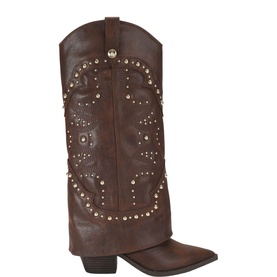 Dark brown leather cowboy boots with gold studded embellishments, pointed toe, and block heel. Mid-calf height with Western-inspired design.