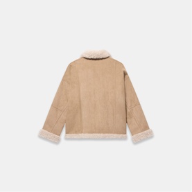 Mint Velvet brown shearling-style jacket, back view, with cream fleece collar and cuffs, relaxed fit