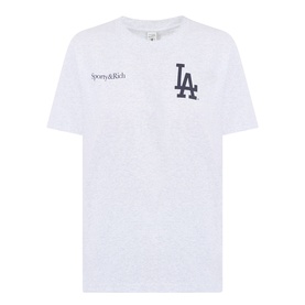 Sporty and Rich heather gray cotton T-shirt with navy LA logo print on chest and brand script detail