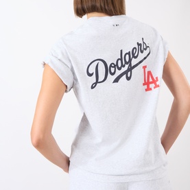 Model wearing Sporty and Rich Dodgers tee in heather grey, back view showing navy and red LA Dodgers script graphic print