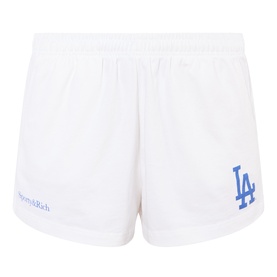 Sporty and Rich white cotton shorts with blue LA Dodgers logo and Sporty & Rich branding on leg, elasticated waist
