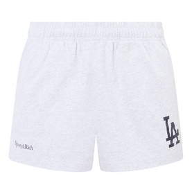 Sporty and Rich heather grey cotton shorts with navy LA Dodgers graphic print and elasticated waistband