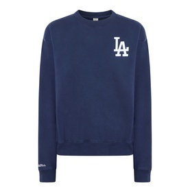 Sporty and Rich dark navy cotton sweat top with white LA Dodgers chest logo and ribbed crew neck cuffs and hem