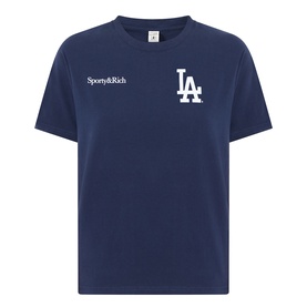 Sporty and Rich Dark Navy cotton T-shirt with white LA logo print on chest and Sporty&Rich text, crew neck, relaxed fit