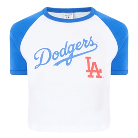 Sporty and Rich Dodgers raglan crop top in white with blue sleeves and red LA logo print