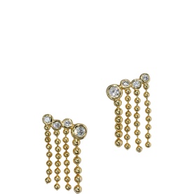 Alexis Bittar gold stud earrings with three bezel-set crystals and cascading ball chain fringe drops