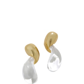 ALEXIS BITTAR earrings in gold and clear Lucite, featuring polished gold teardrop tops with transparent crystal-like drop pendants