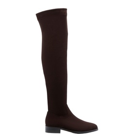 Carl Scarpa brown stretch fabric over-the-knee boot with square toe and low block heel