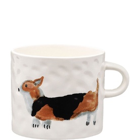 Anna + Nina ceramic mug with painted beagle dog illustration, white with textured dimpled exterior and small loop handle