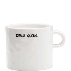 Anna + Nina Drama Queen white ceramic mug with black handwritten-style slogan, short handle, classic shape