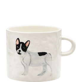 Anna + Nina ceramic mug with hand-painted black and white French Bulldog illustration, loop handle, white background