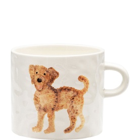Anna + Nina white ceramic mug with illustrated golden Labrador dog motif, textured surface and loop handle
