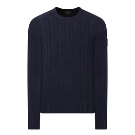 Belstaff crew neck jumper in Dark Ink, cable-knit pattern, cotton-wool blend, small arm badge detail