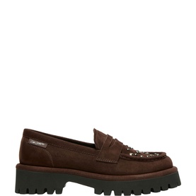 Carl Scarpa black suede loafer with studded toe detail, chunky lug sole, and penny strap, side view