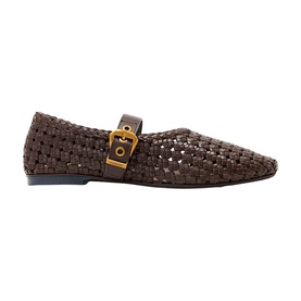 All Saints brown woven leather flat with gold-tone buckle strap, square toe, and thin dark sole