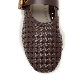 All Saints brown woven leather flat shoe with gold buckle strap detail, overhead shot showing textured weave pattern.