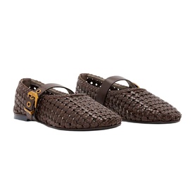 All Saints brown woven leather Mary Jane flats with gold-tone buckle strap and flat sole, shown as a pair at an angle
