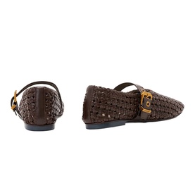 All Saints brown woven leather flat shoes with gold buckle strap, shown from rear and side angles, dark rubber sole
