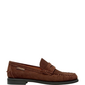 Carl Scarpa brown suede penny loafer with contrast stitching, saddle strap detail, and dark rubber sole
