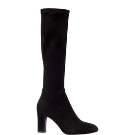 Black stretch suede knee-high boot with block heel, pointed toe, and slim fitted shaft, shown in profile against white background.
